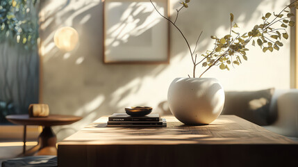 A serene interior scene featuring a vase with branches on a wooden table with books.