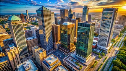 Obraz premium Aerial View Bank Building Sign, High-Rise Corporate Headquarters, Financial District, Cityscape, Banking Institution, Overhead Shot, Business District, Urban Landscape, Modern Architecture,