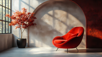An armchair against an arch wall and a window. An interior design of a modern living room that is minimalist and scandinavian.