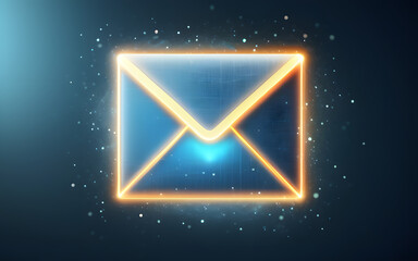 An email icon, glowing with radiant edges, hovering in a misty digital space