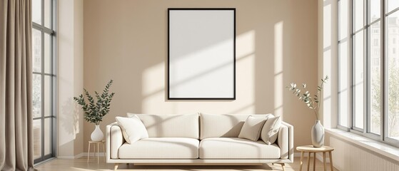 Modern Minimalist Living Room With Blank Poster Frame Above Beige Sofa and Wooden Decor, Perfect Background for Product Presentation or Branding Mockup