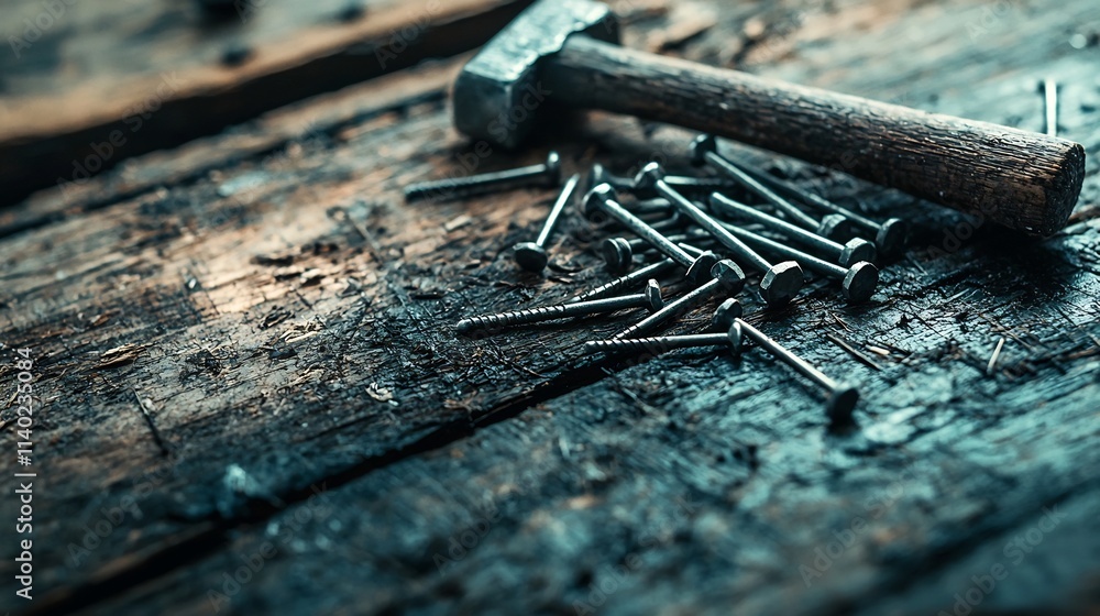 Poster a clean and well organized composition featuring a claw hammer and an assortment of nails neatly arr