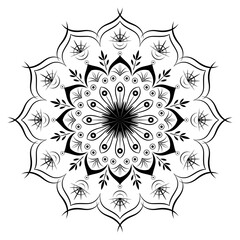 Floral Indian ornament with leaves and flowers. Black mandala vector illustration. Sophisticated ornate pattern. Ethnic tattoo design. Calm decor for clothes, home, office, stationery