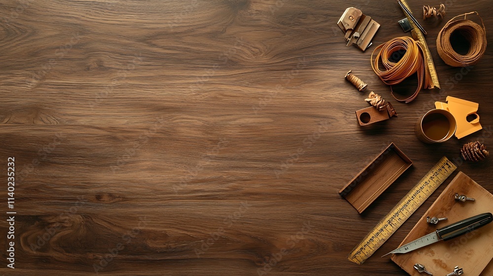 Poster flat lay image of a carpenter s square and measuring tape neatly displayed on a smooth natural wood 