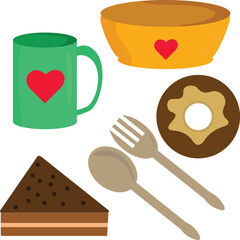 Illustrations of food, cutlery and dishes, including cakes, donuts, green glasses and bowls