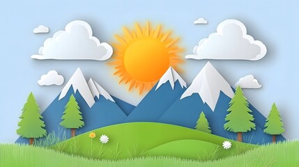 A simple vector graphic of mountains, clouds and trees in the foreground with blue sky in background, simple shapes, paper cutout style, green grass field in front of the mountain range
