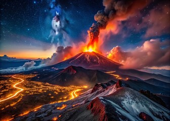 Fototapeta premium Aerial View Erupting Mount Etna Sicily Volcano Lava Flow Night Shot Drone Photography