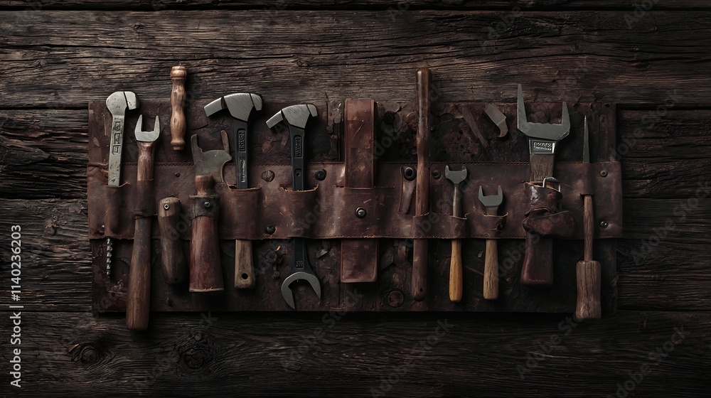 Poster neat composition of a carpenter s tool belt with various tools and accessories arranged on a rustic 