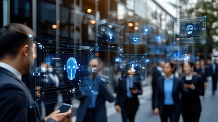 People navigate a bustling street under the watchful eye of facial recognition technology, highlighting modern security measures in daylight
