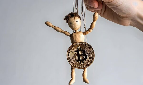 A wooden puppet is controlled by strings, holding a Bitcoin symbol, illustrating financial manipulation.