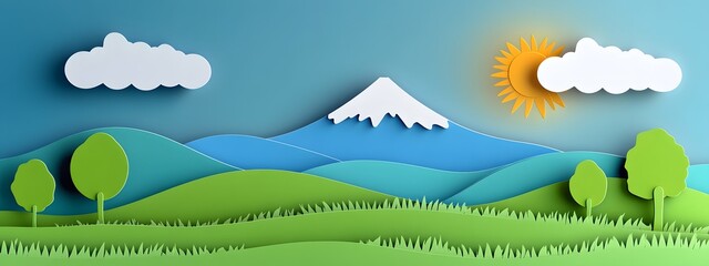 A simple vector graphic of mountains, clouds and trees in the foreground with blue sky in background, simple shapes, paper cutout style, green grass field in front of the mountain range