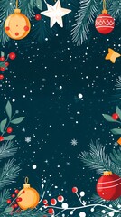 Fototapeta premium Christmas ornaments and pine branches framing a snowy dark green background