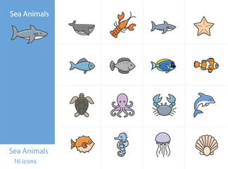 Icons Set Sea Animals and Sea food related icons colorful icons set, Vector and Illustration