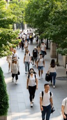 People navigate a bustling street under the watchful eye of facial recognition technology, highlighting modern security measures in daylight