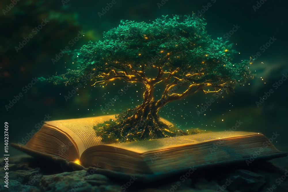 Poster tree growing from an open book with glowing branches representing knowledge spreading, with copy spa