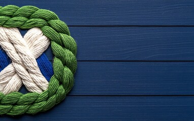 Fototapeta premium Yarn Craft on Blue Wood Background DIY Knitting Hobbies
