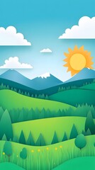 A simple vector graphic of mountains, clouds and trees in the foreground with blue sky in background, simple shapes, paper cutout style, green grass field in front of the mountain range