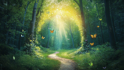 Obraz premium A charming forest scene with magical creatures, vibrant colors of green and blue
