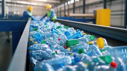 A large pile of plastic bottles moves along a conveyor belt in a recycling plant, symbolizing waste management and sustainability.