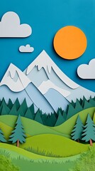 A simple vector graphic of mountains, clouds and trees in the foreground with blue sky in background, simple shapes, paper cutout style, green grass field in front of the mountain range