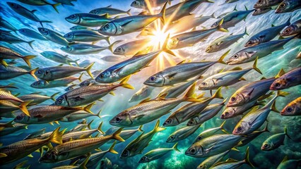 Aerial View Mackerel School, Ocean Fish, Fishing Industry, Aerial Photography, Marine Life, Sardine Run, Fish Shoal, Underwater, Top View, Coastal Waters, Mackerel Swarm, Aerial Image, Fish Stock
