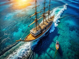 Obraz premium Aerial View of a Sailing Ship with a Surfboard on Deck: High-Resolution Photo, Ocean, Sailing, Summer, Adventure, Water Sports, Coastal, Blue Ocean, Sunny Day, Dramatic Lighting,