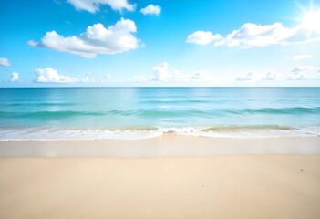 Fototapeta premium A serene beach with golden sand, calm turquoise waters, and a clear blue sky with wispy clouds