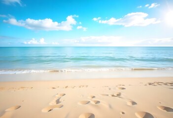 A serene beach with golden sand, calm turquoise waters, and a clear blue sky with wispy clouds