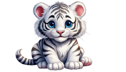 A friendly cartoon style white tiger with blue eyes sitting on a white background