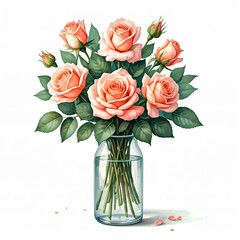 Peach Roses in Glass Vase: A delicate bouquet of peach roses in a clear glass vase.  Soft light and detailed petals. Perfect for romantic settings or celebrations.
