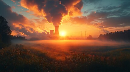 Fototapeta premium Sunset over power plant with fog and field