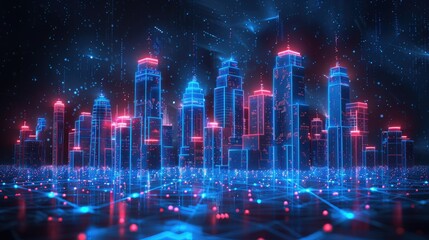 Fototapeta premium A futuristic cityscape illuminated with neon lights and digital elements.