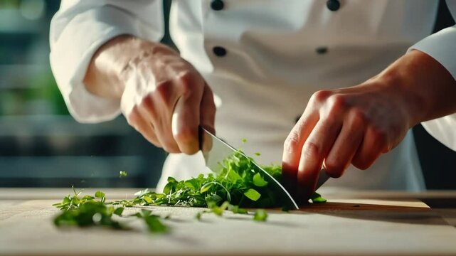 Professional chef quickly chopping fresh herbs with precision in a bright kitchen scene