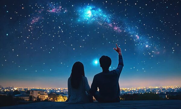 A man pointing stars in front of him, sitting with his girlfriend
