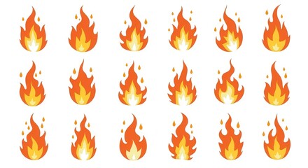 Set of Colorful Fire Flames Illustration - Collection of Cartoon Flame Icons for Design and Decoration