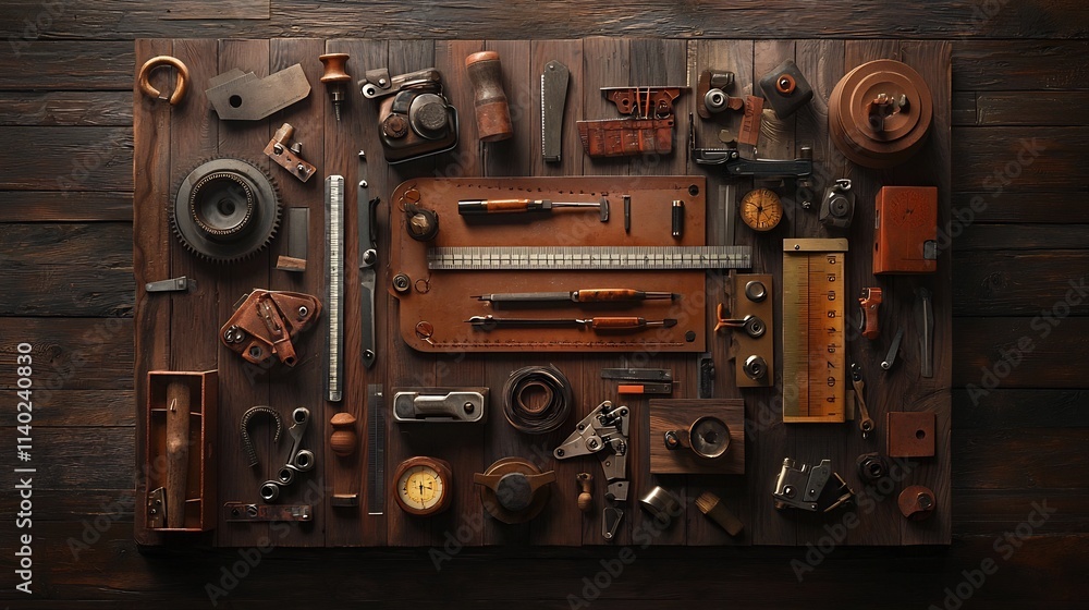Poster assortment of carpenter s measuring tools including rulers calipers and squares neatly arranged on a