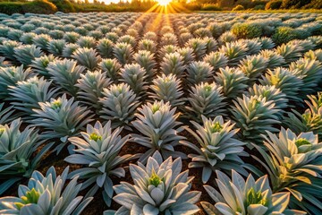 Fototapeta premium Aerial View Silver Queen Plants, Lush Silver Foliage, Drone Photography, High-Angle Shot, Agricultural Field, Silver Leaf Plantation, Overhead View, Silver Queen Crop