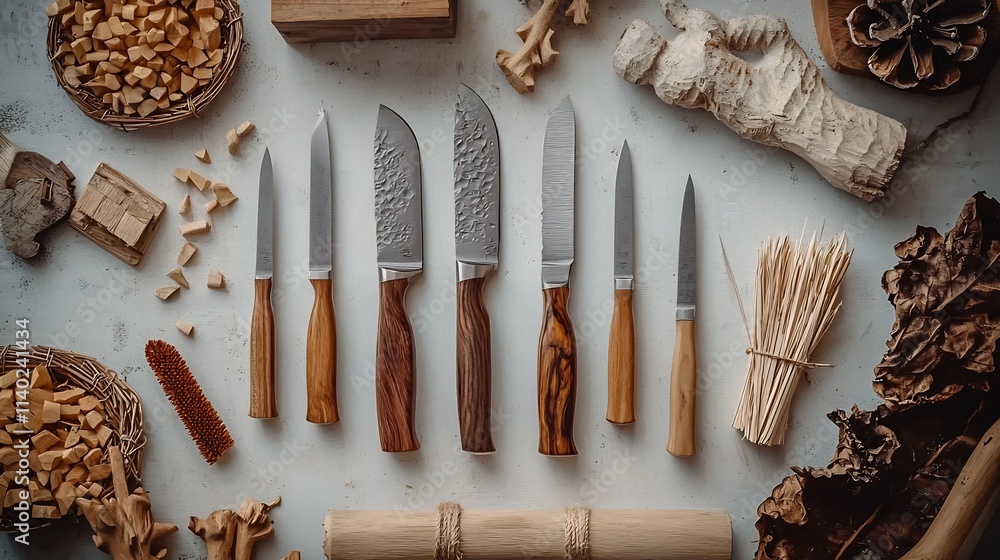 Poster A minimal and neatly arranged image showcasing a collection of sharp woodcarving knives placed beside small handmade wooden samples