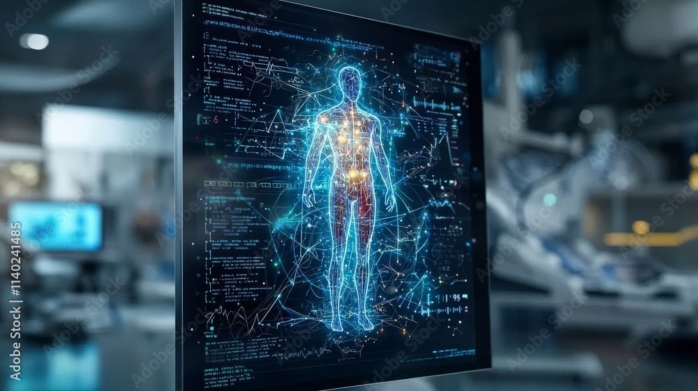 Poster Digital display of evolving equations in a futuristic lab illustrating human anatomy and data integration
