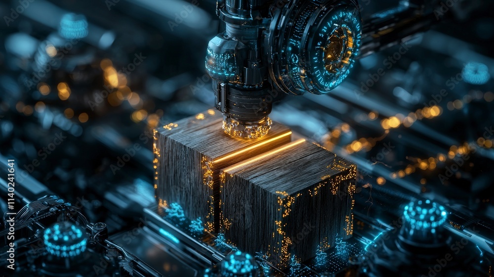 Poster Futuristic planer smoothing rough edges of wooden block high-tech workshop 3d render industrial environment close-up view