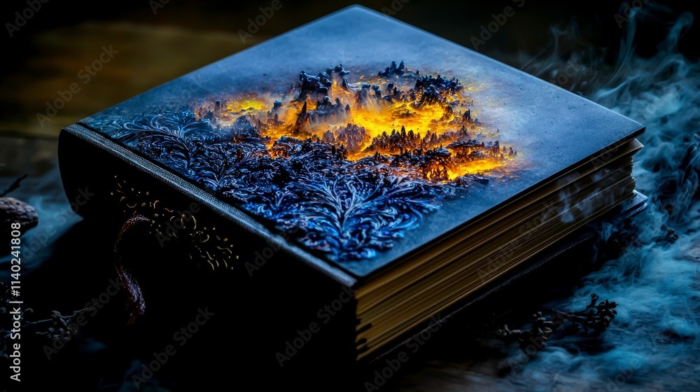 Poster surreal journal of glowing pages enchanted forest fantasy art mystical environment close-up abstract