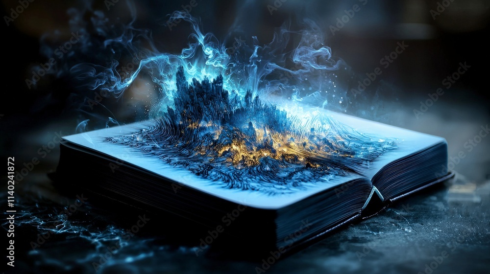 Poster surreal journal of glowing pages enchanted library digital artwork fantasy realm close-up magic and 