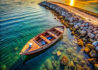 Aerial View: Venetian Lido Beach, Wooden Boat on Breakwater, Italy