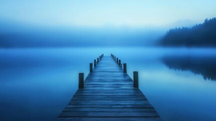 Obraz premium Serene Pier Stretching into Misty Water at Dawn