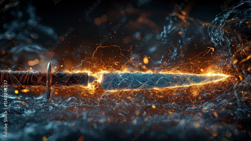 Poster surreal blade cutting glowing threads of tape abstract concept digital art environment dynamic viewp