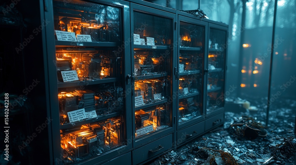 Poster mysterious glowing files in a surreal cabinet enchanted forest photography ethereal atmosphere close