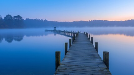 Fototapeta premium Serene Pier Stretching Into Misty Waters at Dawn