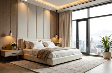 Modern bedroom interior in a skyscraper, large bed, light beige colored walls, modern elements, chandelier, flowers in pots