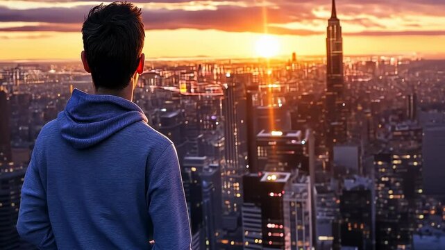 This video showcases a young man appreciating the serene cityscape at dawn, reflecting a moment of peace and contemplation amid urban life.