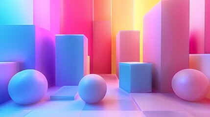 Abstract 3D geometric shapes with vibrant color gradients.